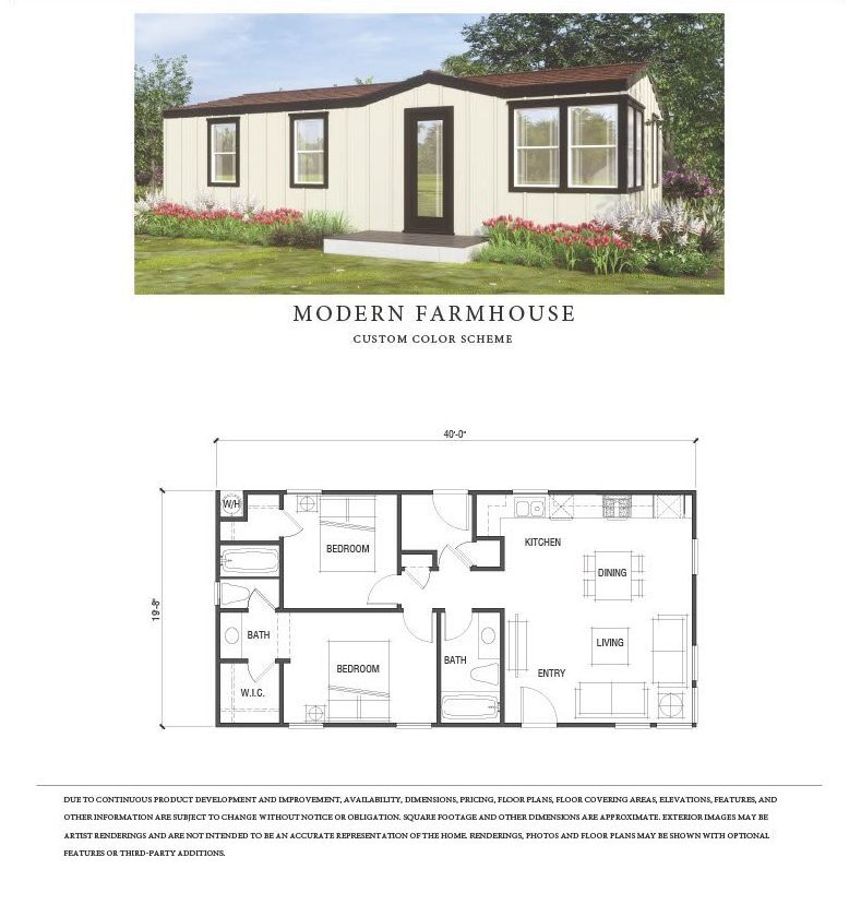 Perpetual Homes ADU: Modern farmhouse floor plan. Exterior rendering of a white house with a dark door and window frames.