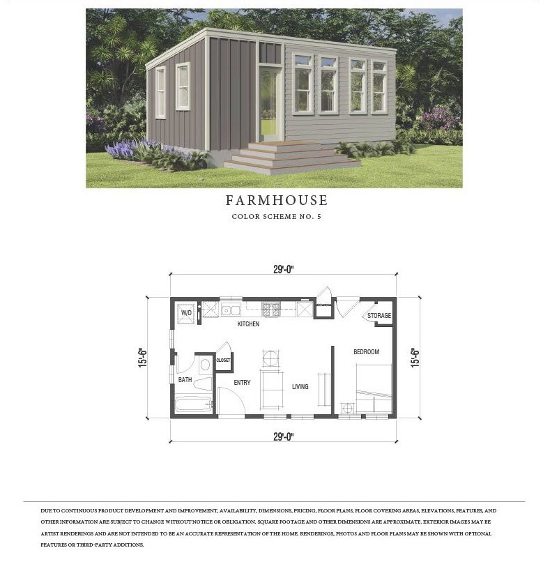 Perpetual Homes ADU: Exterior rendering and floor plan. Grey siding, steps, and windows. Interior bedroom, bathroom, kitchen.