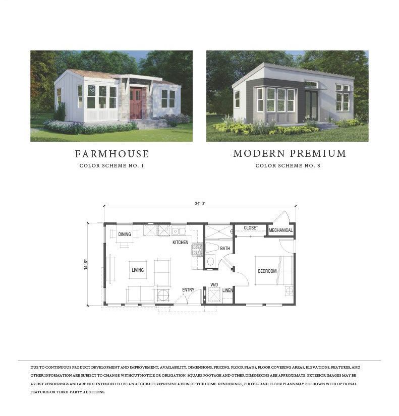 Perpetual Homes ADU: Two house designs: Farmhouse and Modern Premium, with a floor plan of the interior.