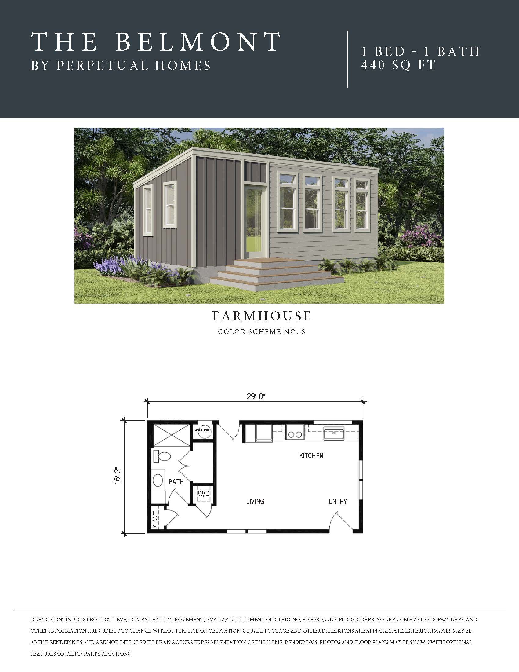 Brochure for The Belmont ADU for Perpetual Homes; exterior and floor plan illustration. Grey exterior with light wood steps.