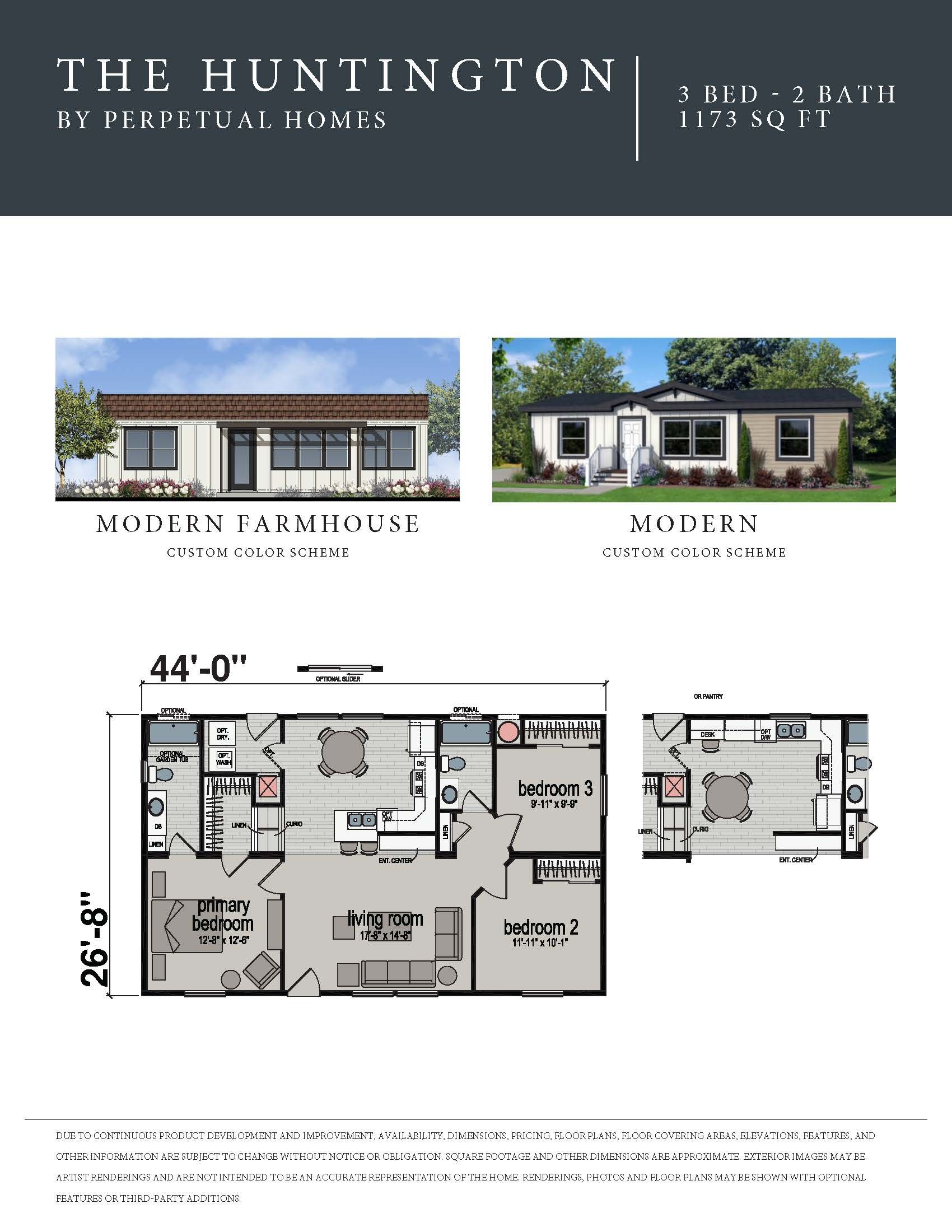 Perpetual Homes ADU: Brochure for The Huntington, featuring exterior renderings, and a floor plan.