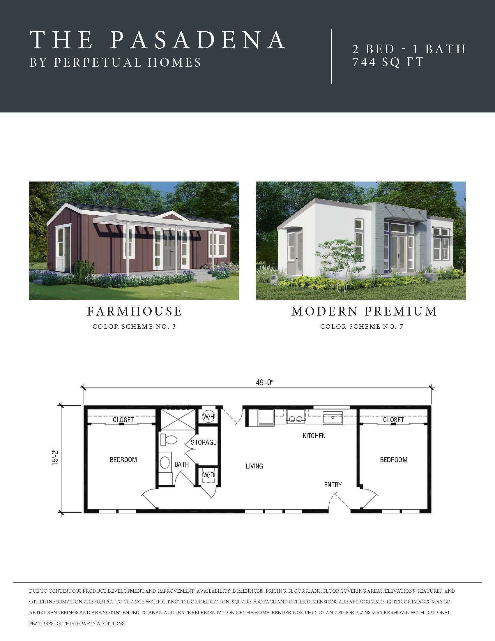 Perpetual Homes ADU: Brochure of The Pasadena home designs, featuring exterior views and a floor plan.