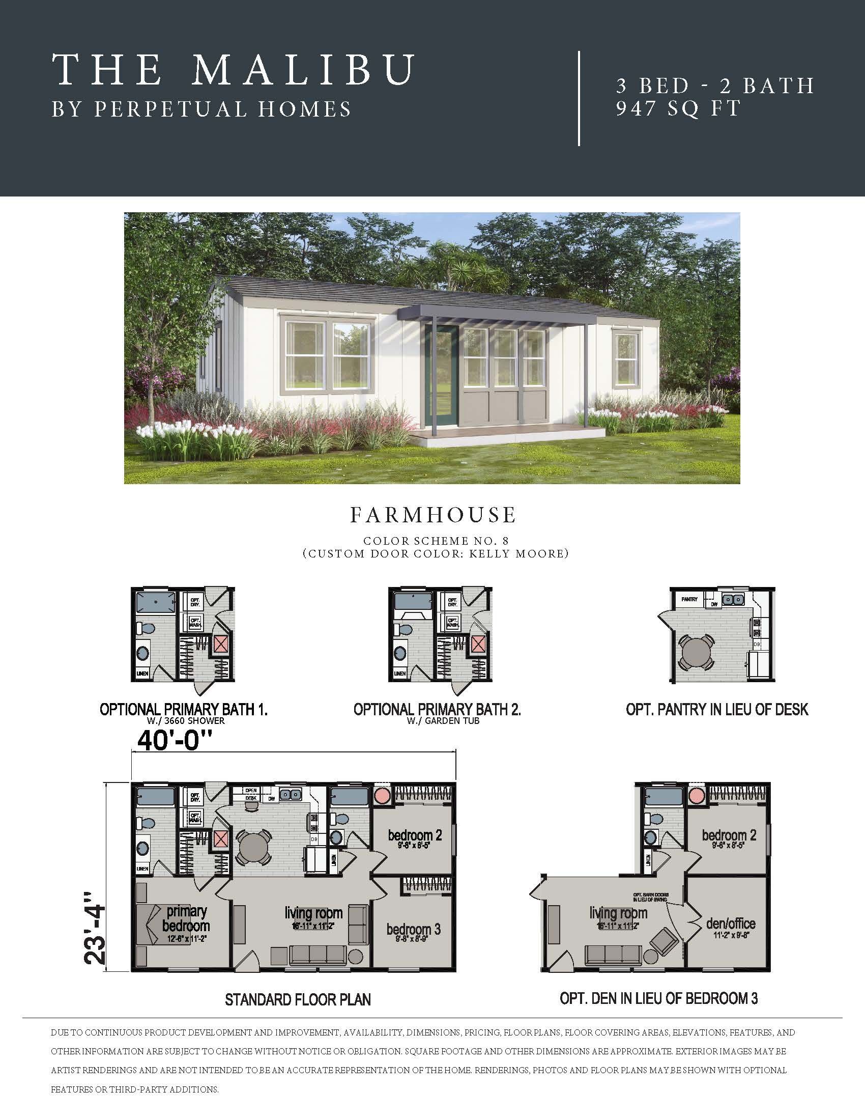 Perpetual Homes ADU Brochure: The Malibu, a manufactured home. Exterior and floor plans shown.