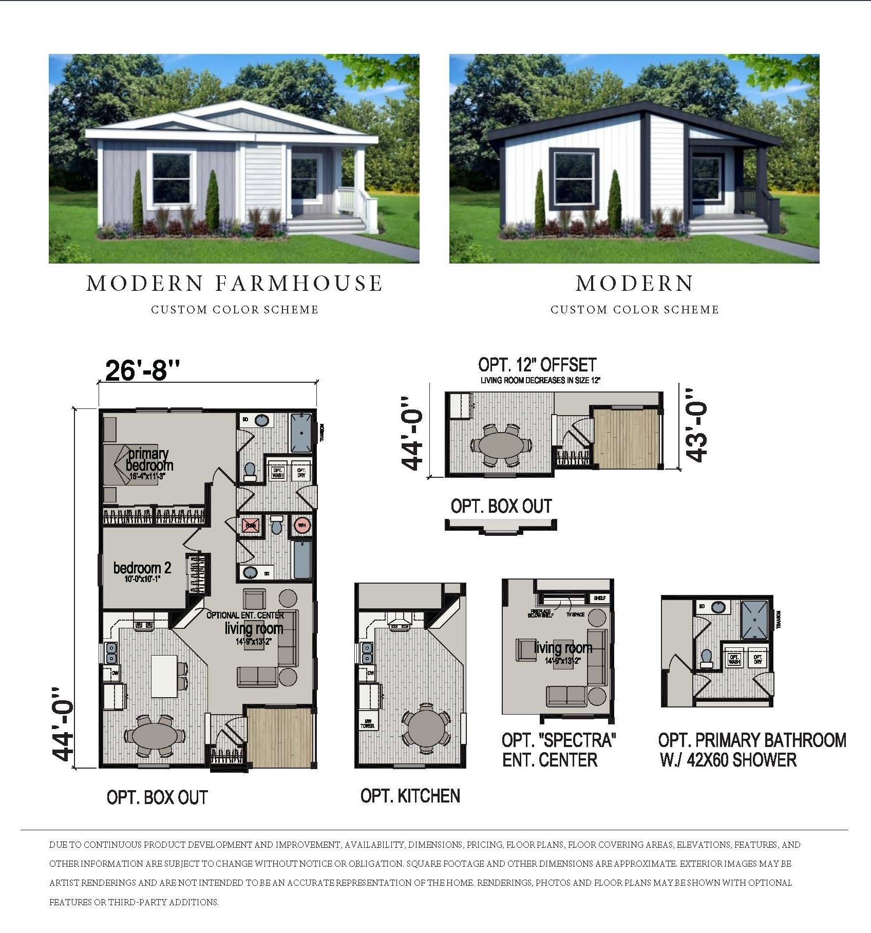 Perpetual Homes ADU: Floor plan with two house exterior renderings: Modern Farmhouse and Modern.