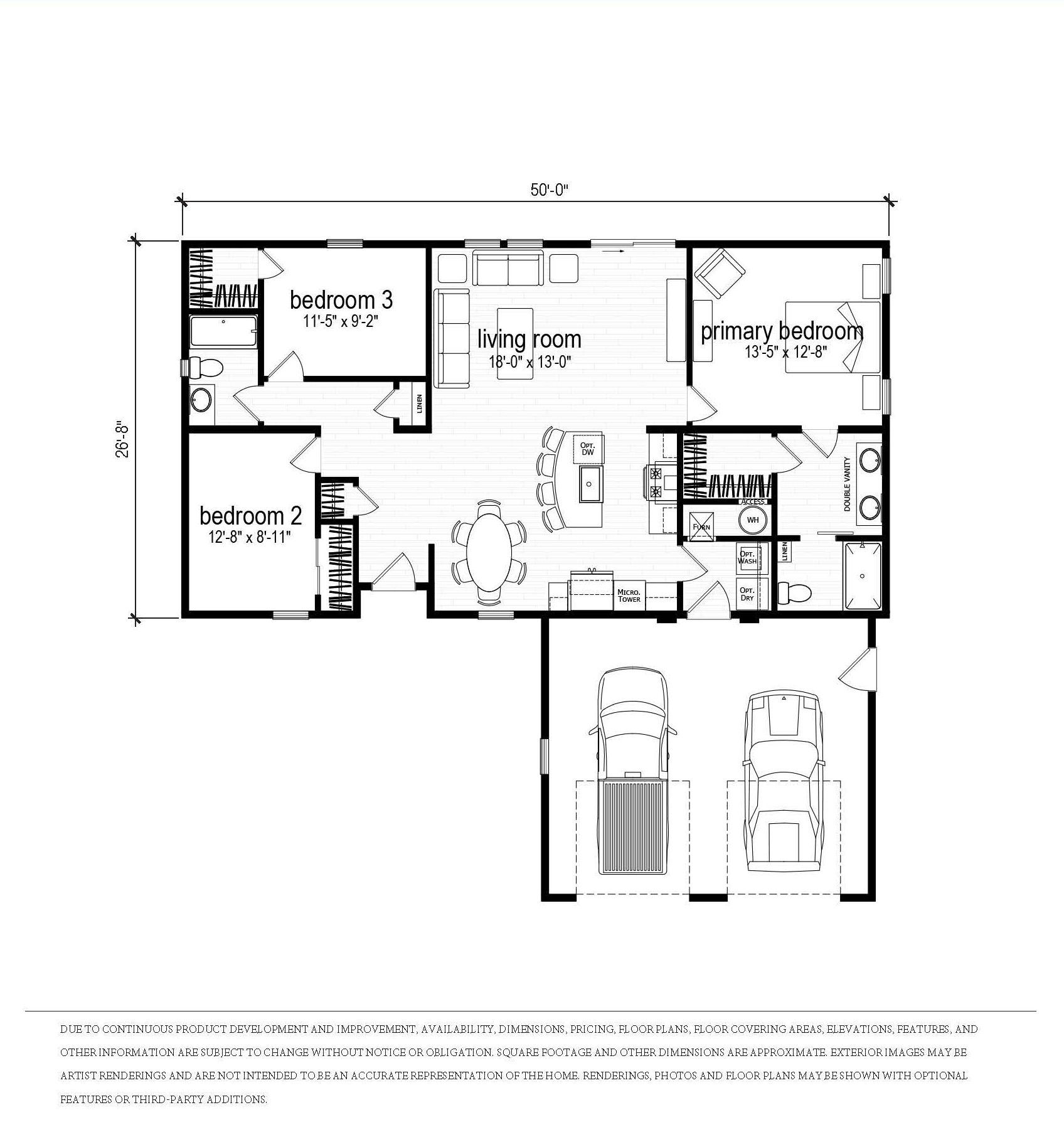 Perpetual Homes ADU: Floor plan of a house with living room, three bedrooms, kitchen, bathroom, and attached two-car garage.
