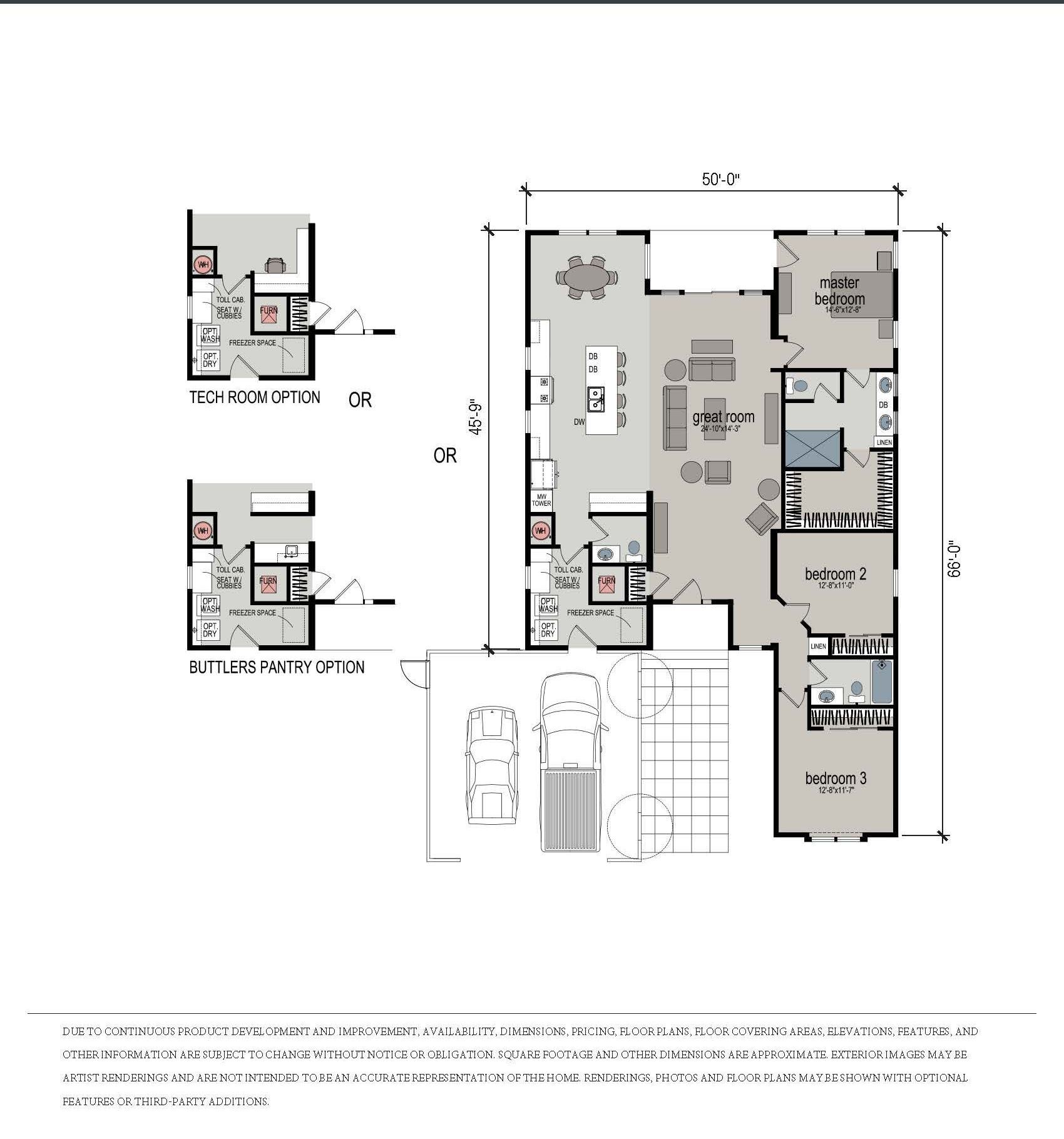 Perpetual Homes ADU: Floor plan of a house with three bedrooms, kitchen, dining area, and garage.