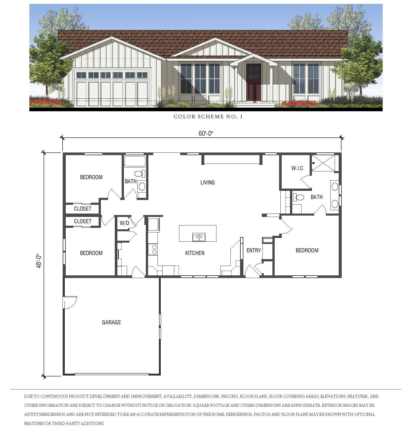 Perpetual Homes ADU: Elevation and floor plan of a single-story house with a brown roof and attached garage.
