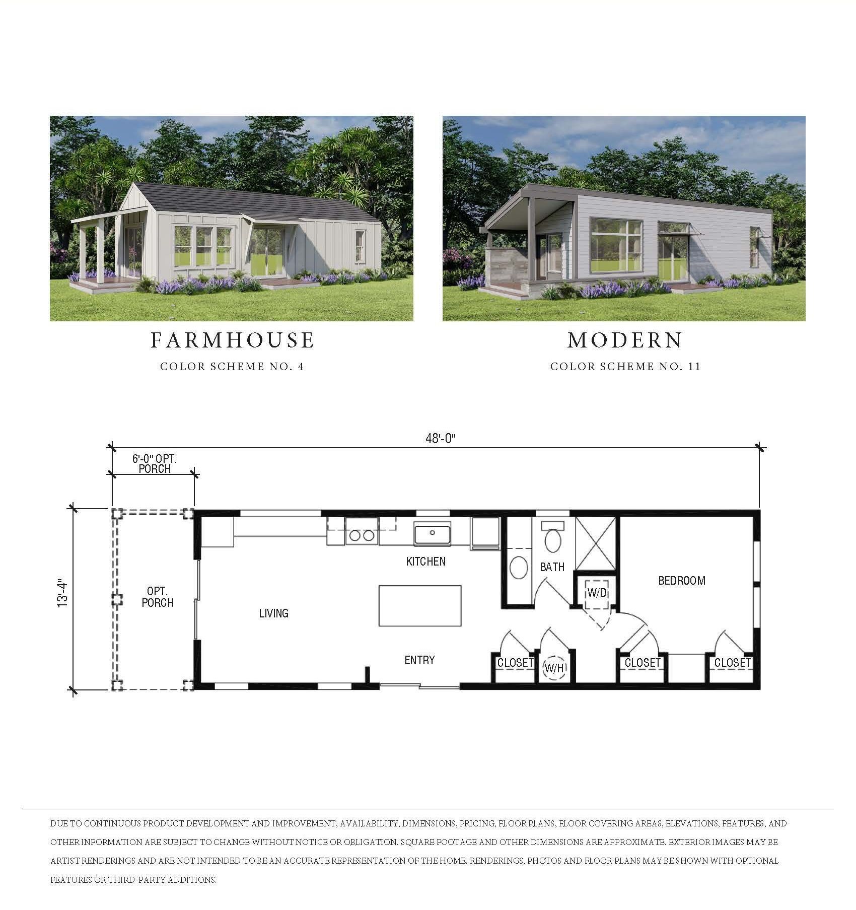 Perpetual Homes ADU: Floor plan with Farmhouse and Modern house exterior renderings.