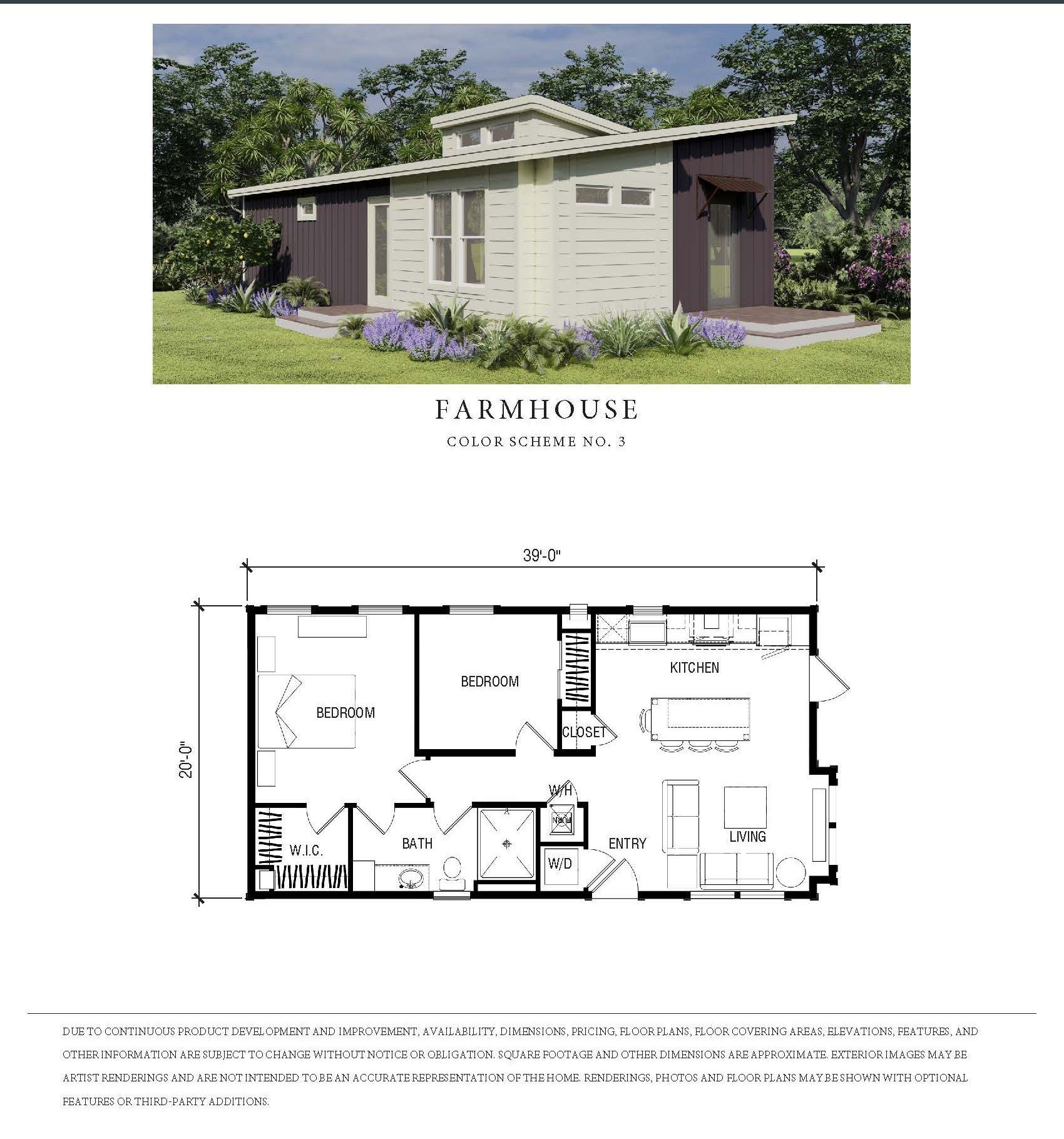 Architectural rendering and floor plan of a small, modern ADU named Farmhouse.