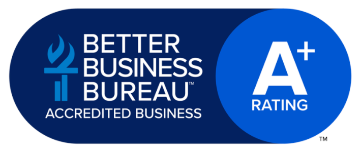 Better Business Bureau Accredited Business badge with A+ rating on blue background