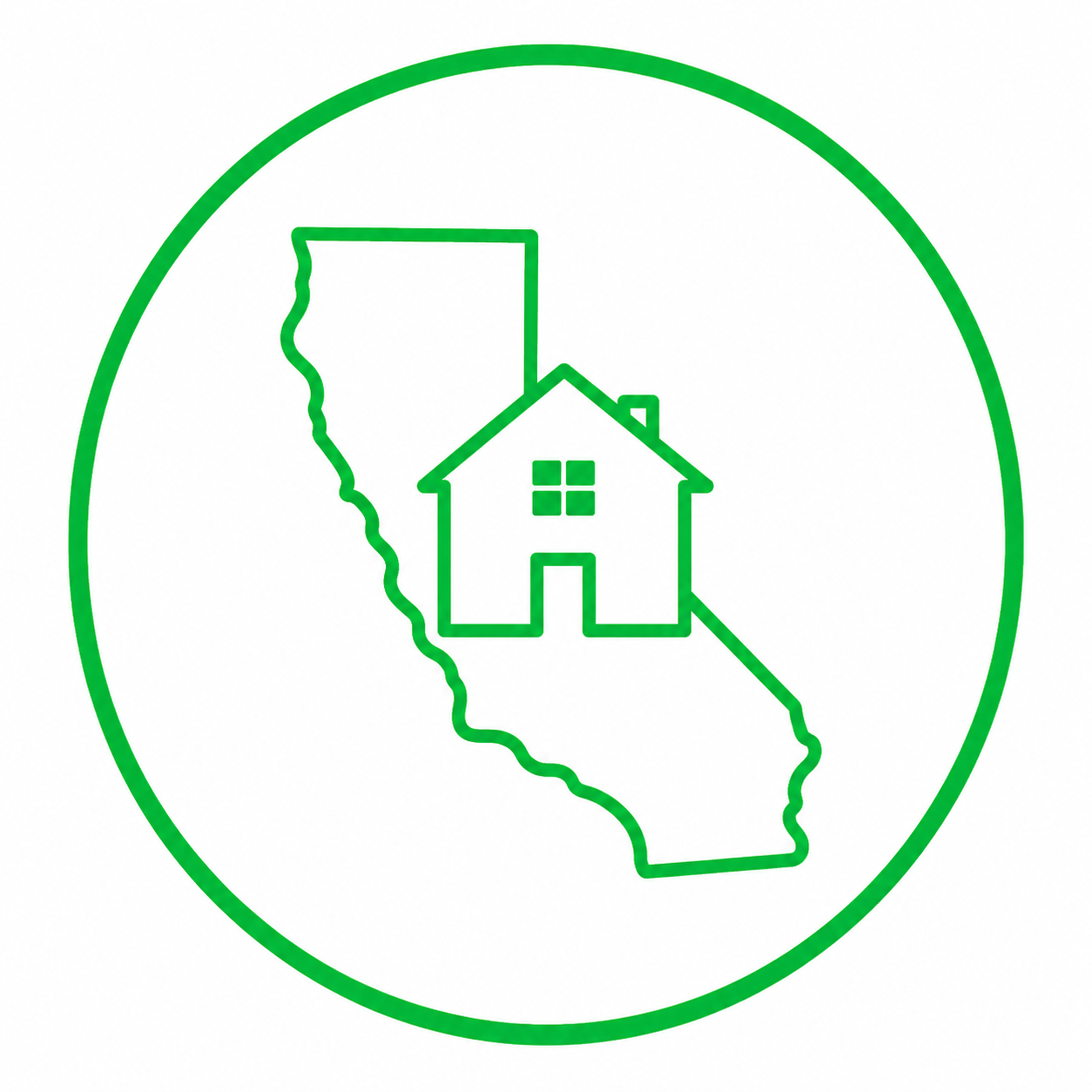Green outline of California with a house icon inside a green circle.