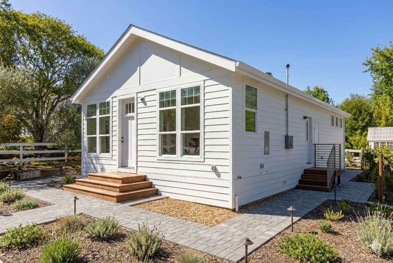 White ADU from Perpetual Homes with front steps, large windows, and a small porch.