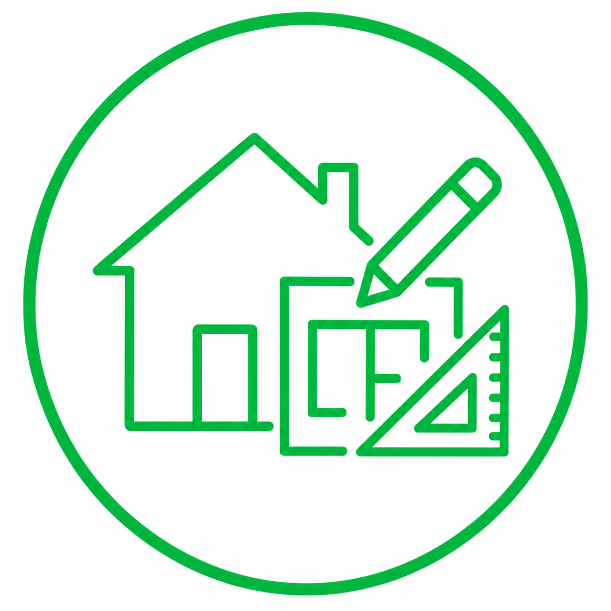 Green house blueprint icon with pencil and ruler inside a circle