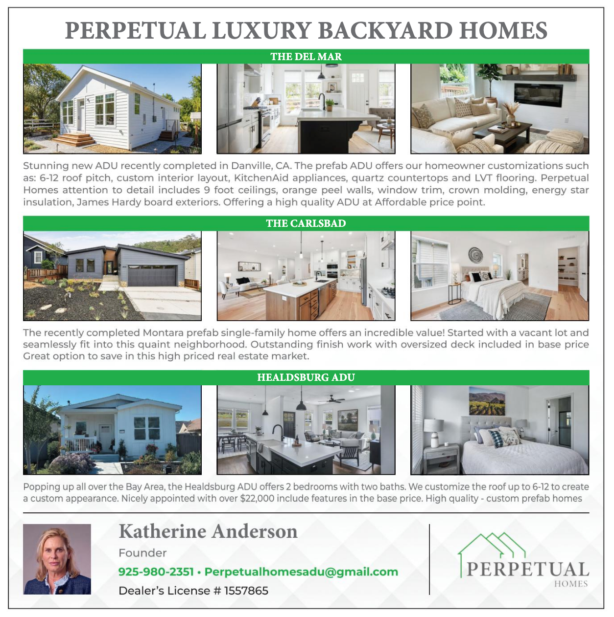 Perpetual Luxury Backyard Homes flyer with three home designs, green headers, and agent contact info