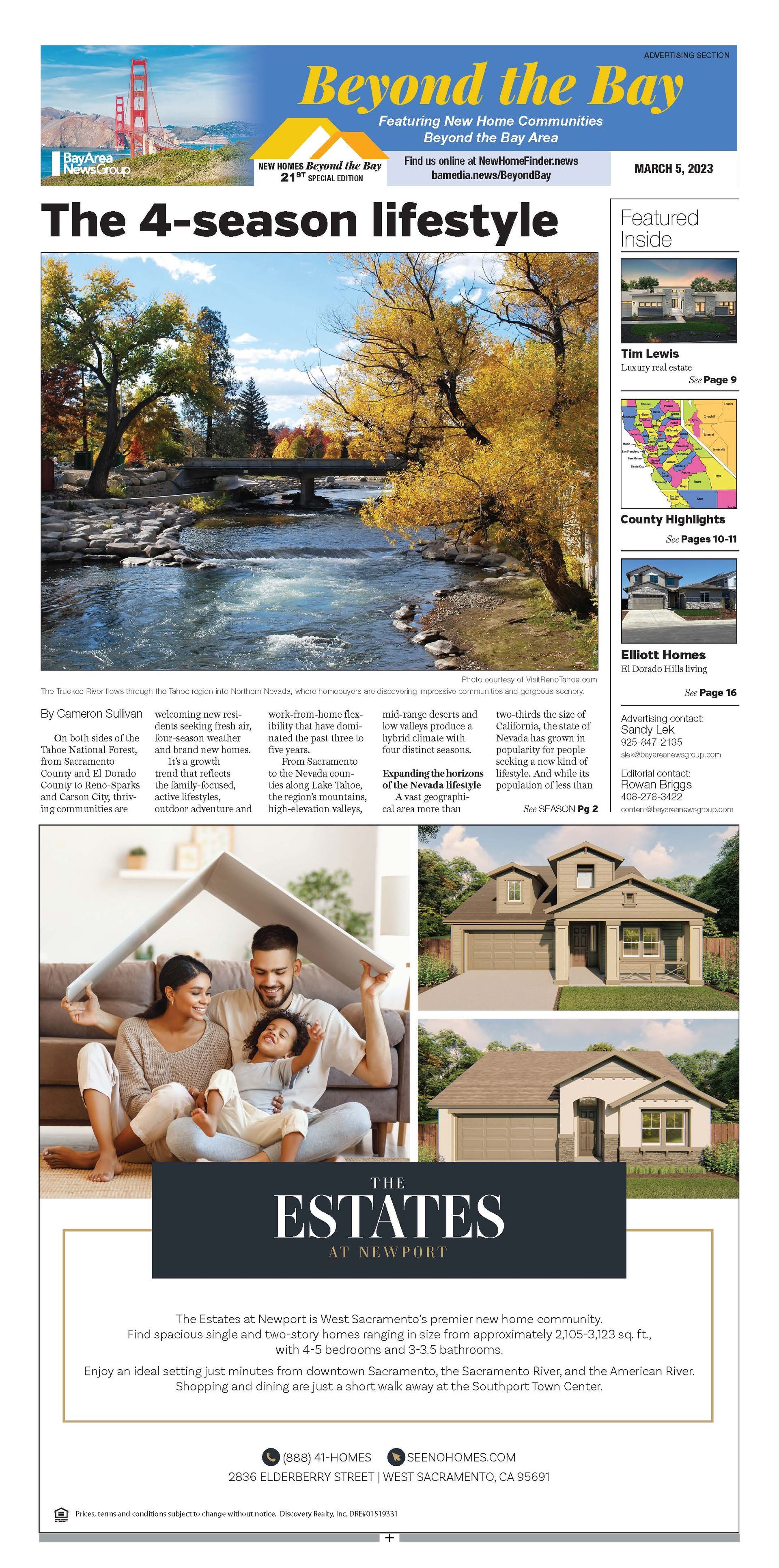 Newspaper page with river scene, family, and home illustrations. 
