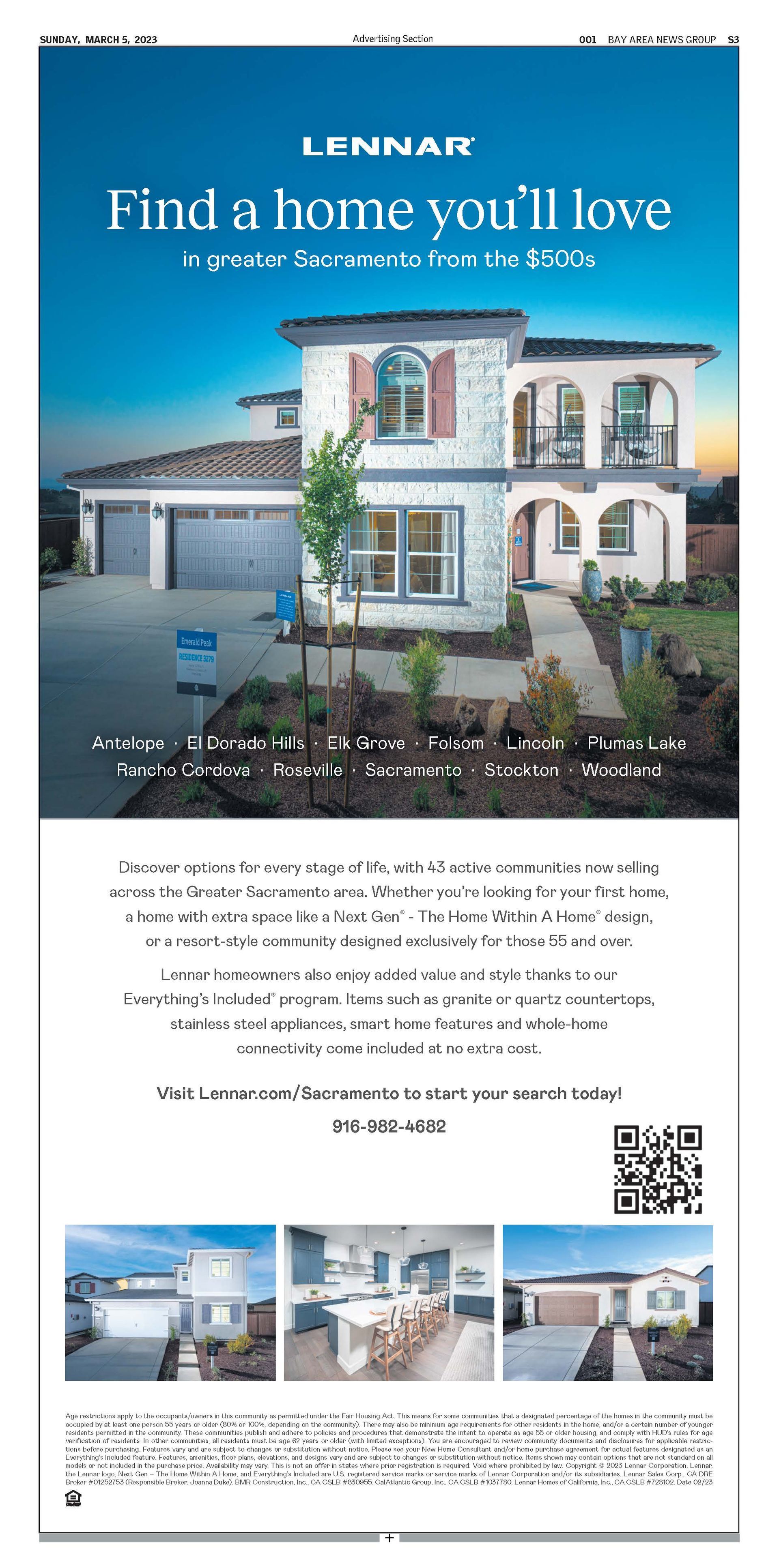 Lennar home advertisement: Two-story house with blue sky background, text 