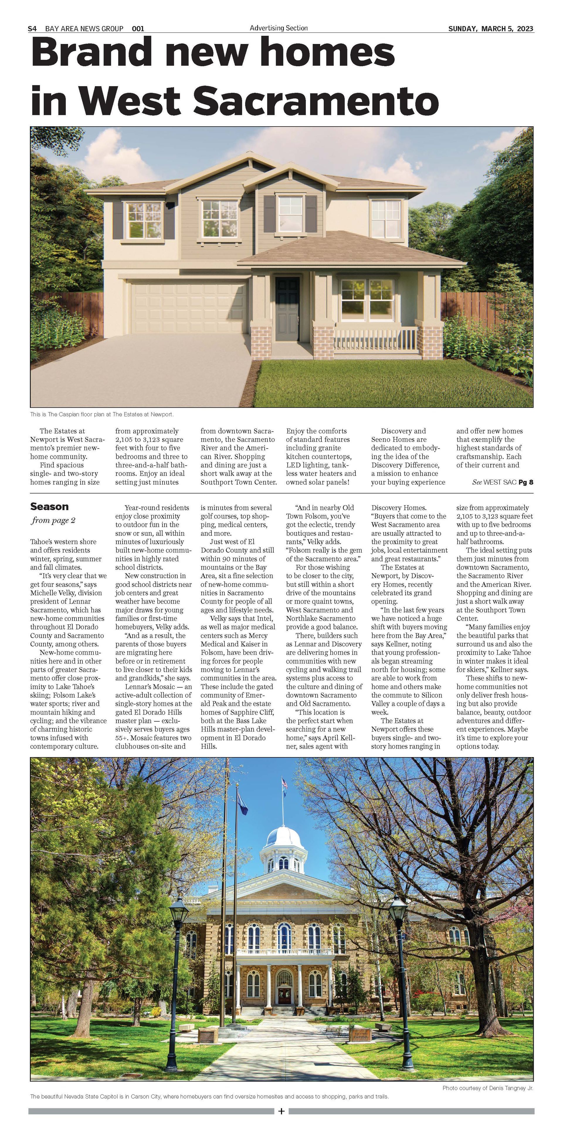 Advertisement for new homes in West Sacramento. Image includes a house and a historic building.
