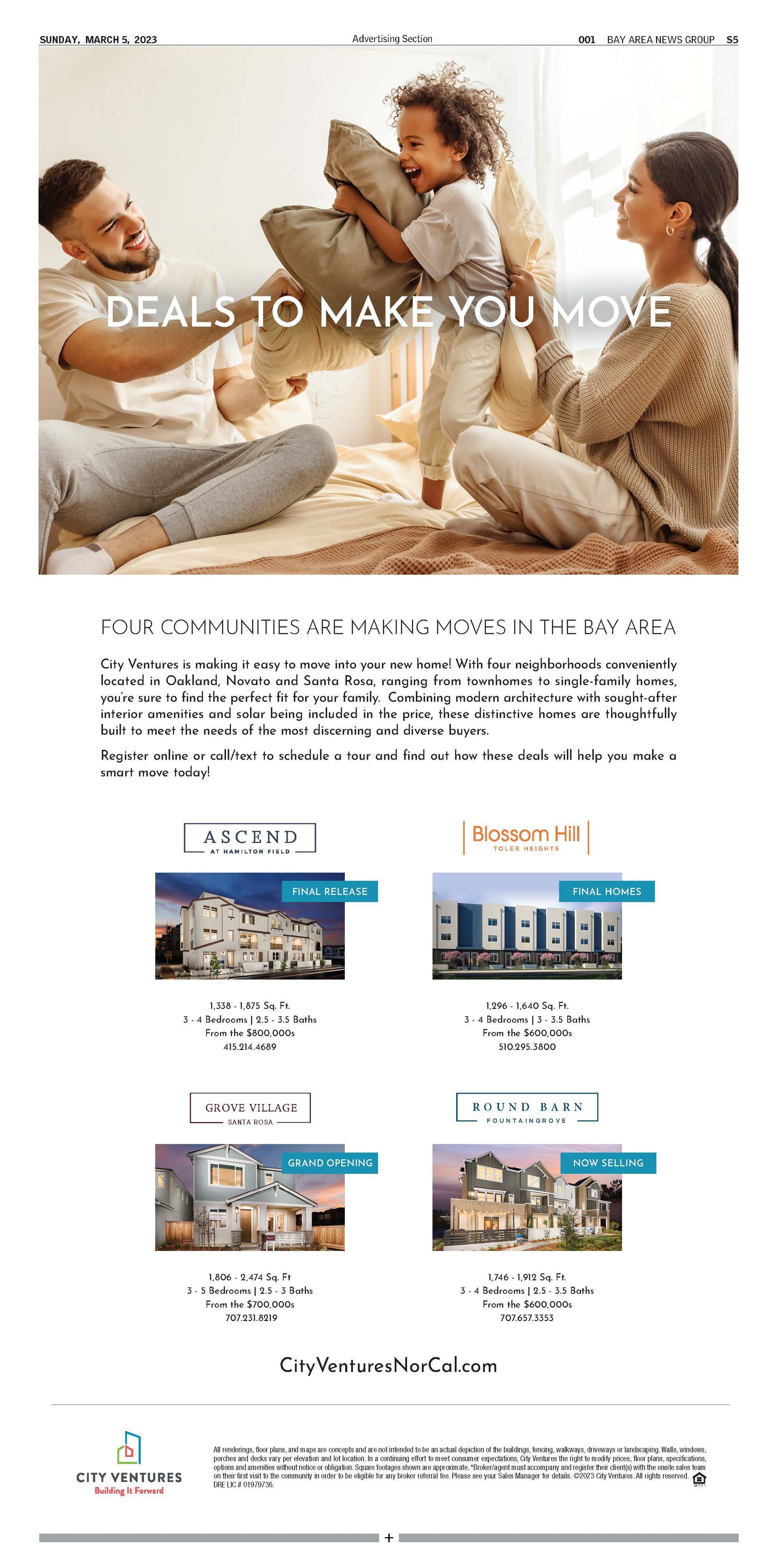 Family playing on a blanket; real estate deals shown below.