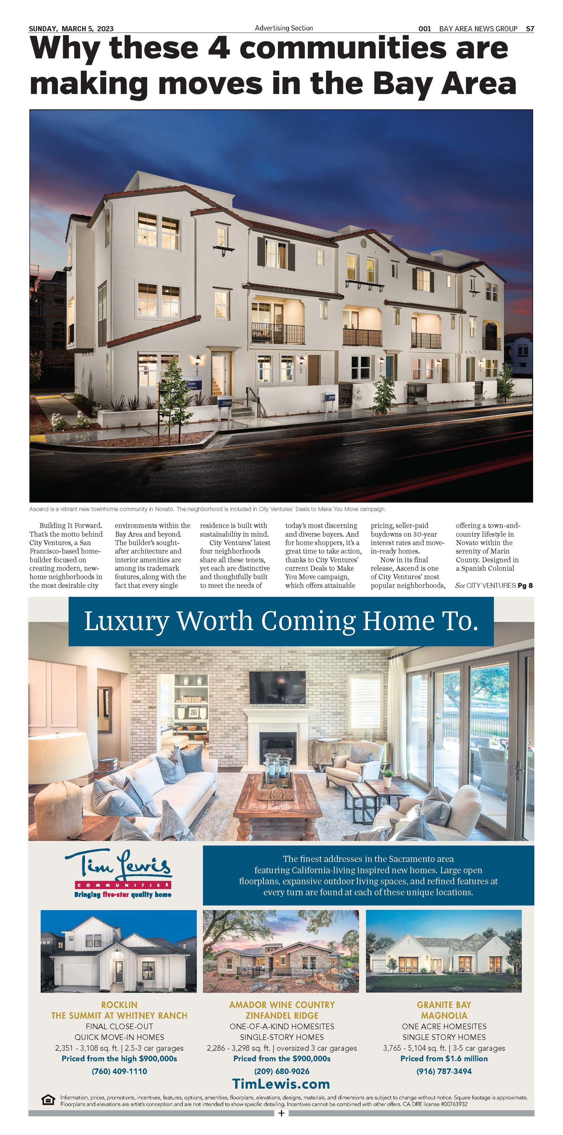 Real estate advertisement showcasing four Bay Area communities, with a building exterior and interior living space.
