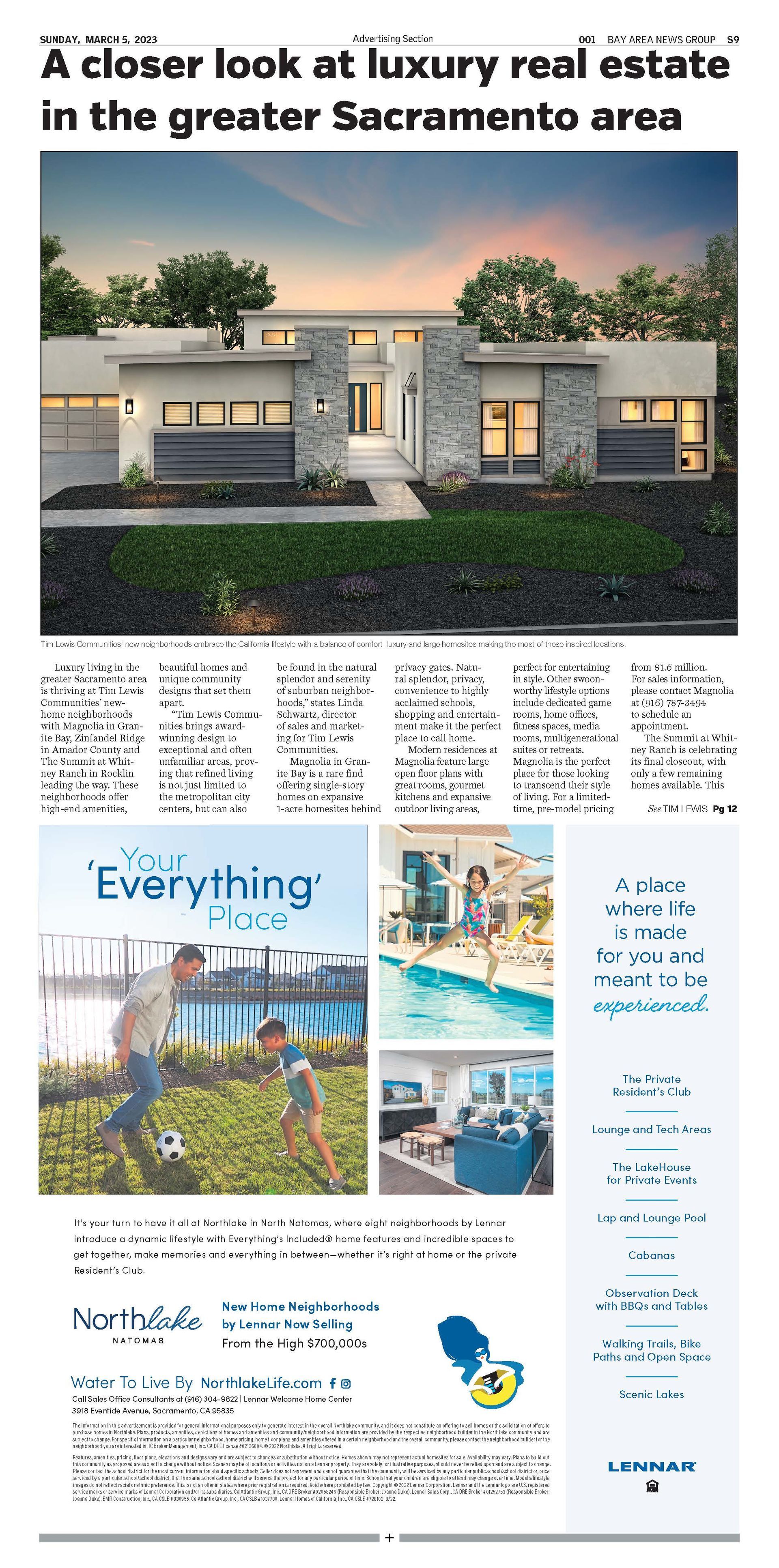 Luxury home in Sacramento, article with real estate ad and family enjoying the outdoors.