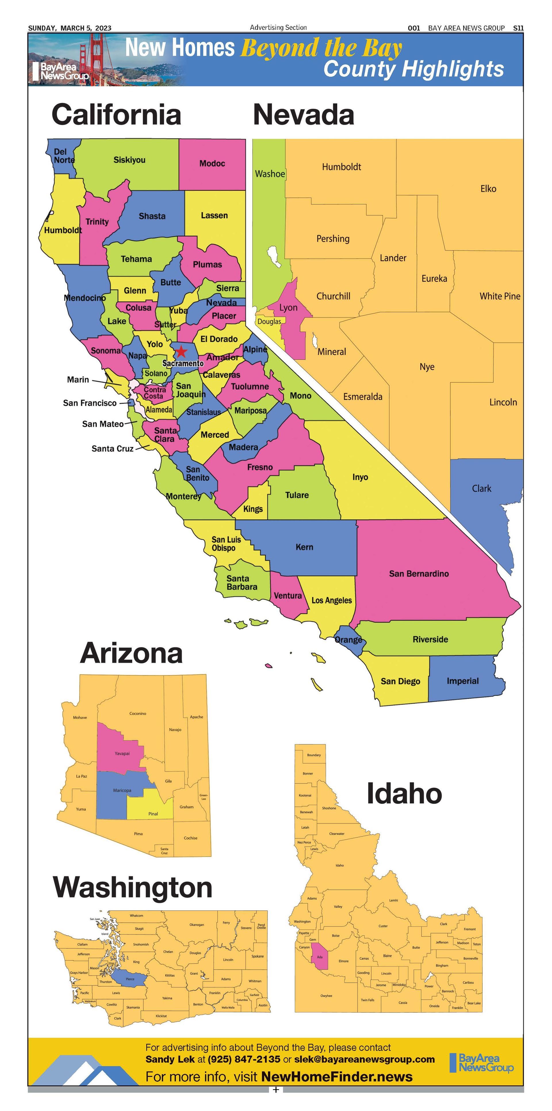 Map showing the counties of California, Nevada, Arizona, Idaho, and Washington.
