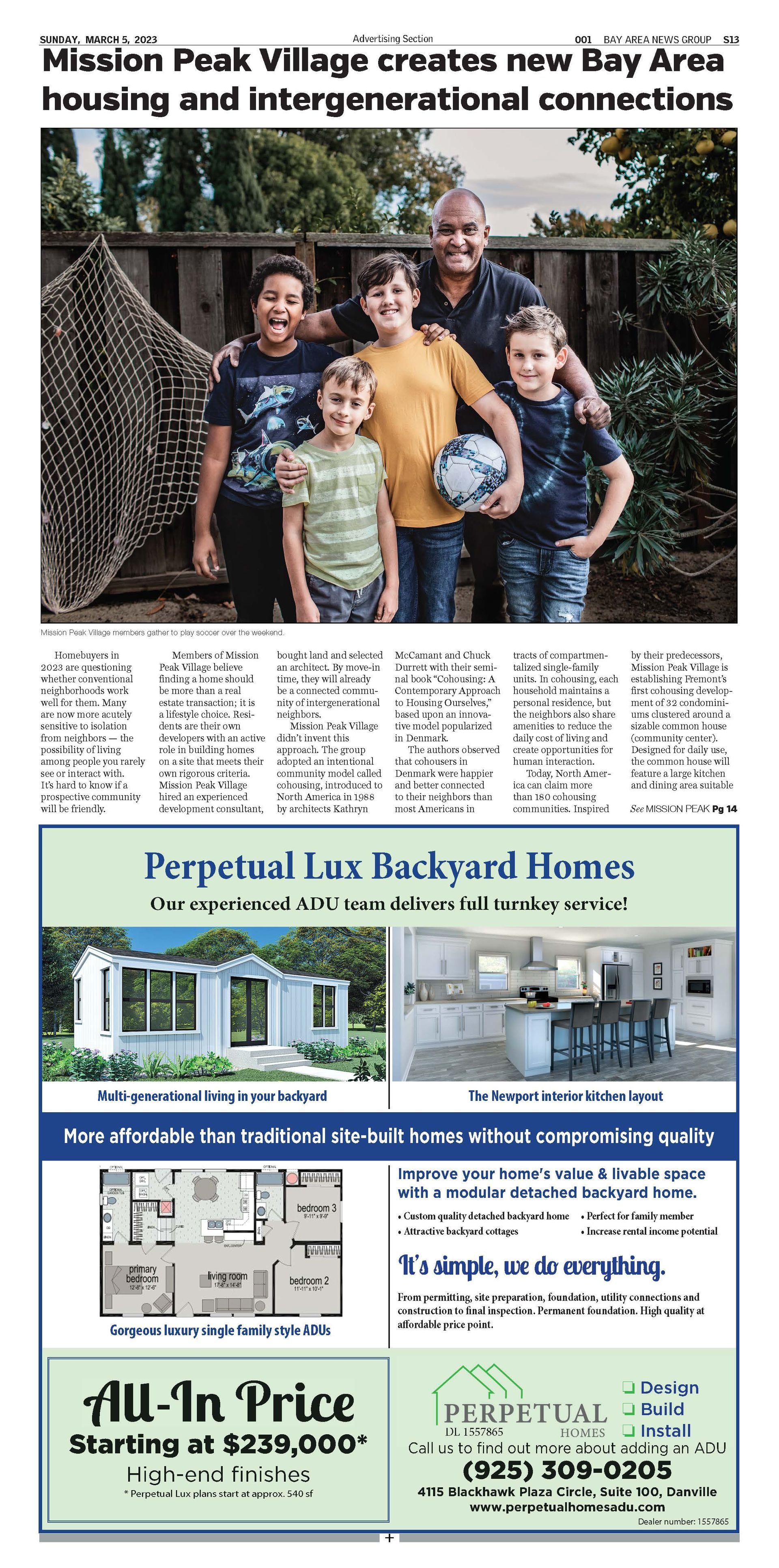 Family standing outside, next to a wooden fence. Below, an advertisement for backyard homes.
