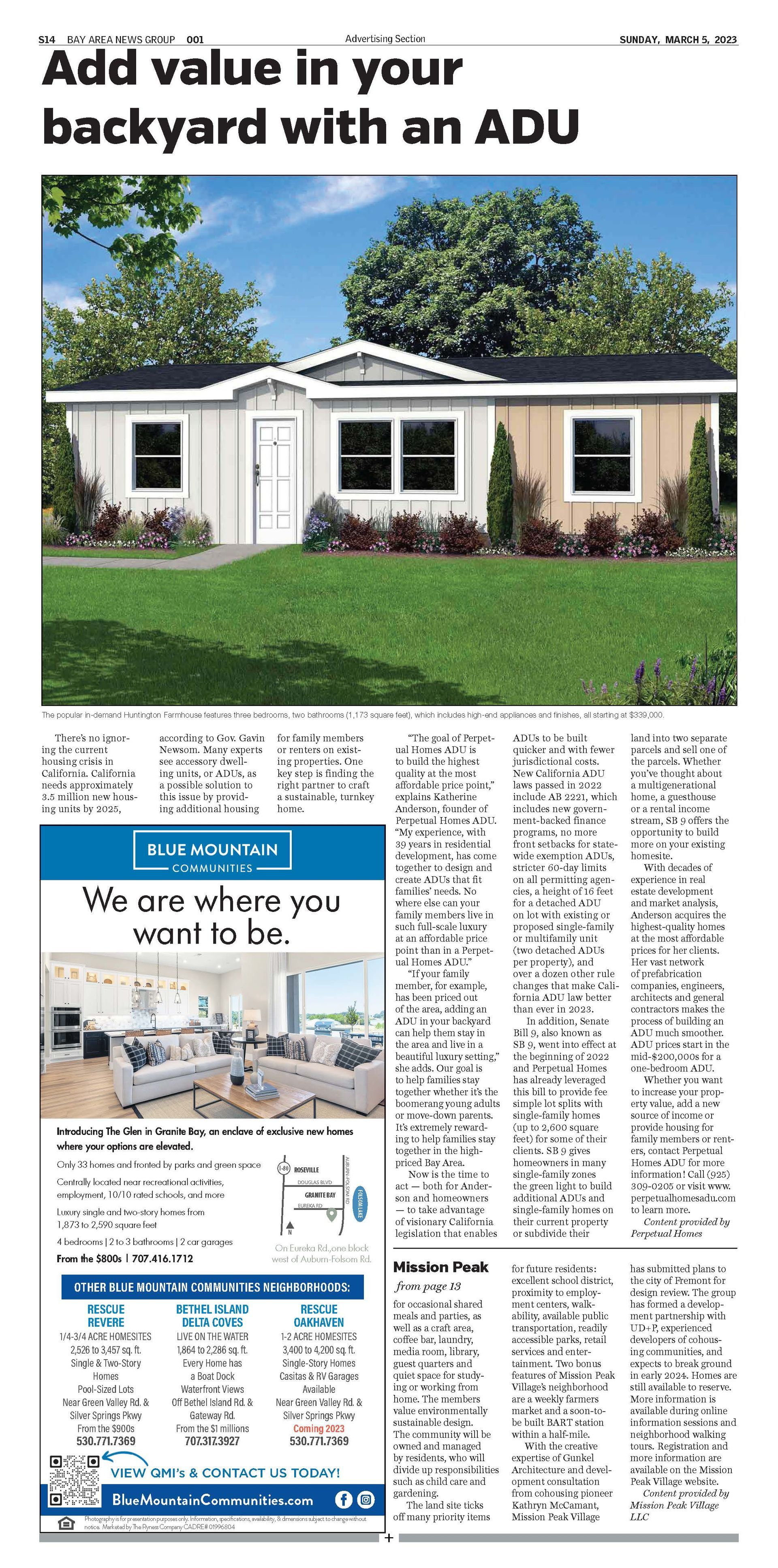 Advertisement for an Accessory Dwelling Unit. Image shows a small house with grass in front. 