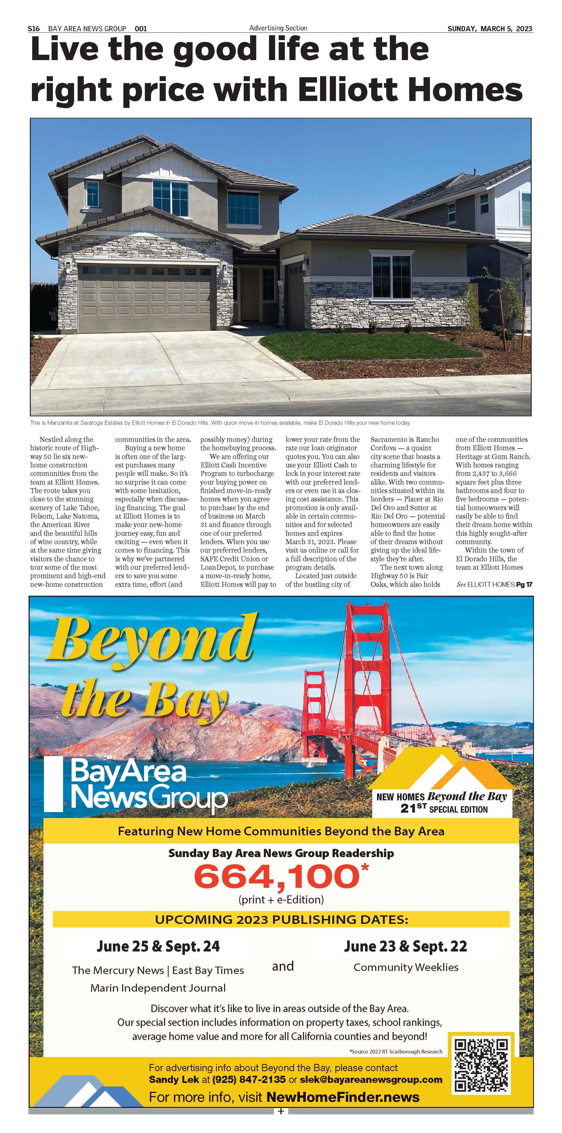 Advertisement for Elliott Homes, featuring a house image and a 