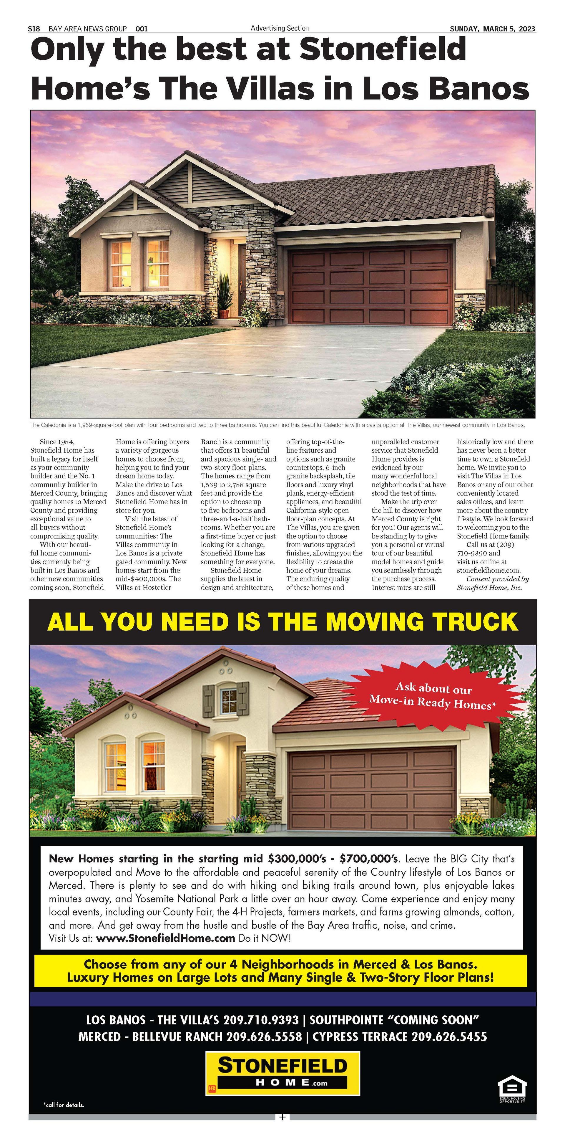Advertisement for Stonefield Homes: 
