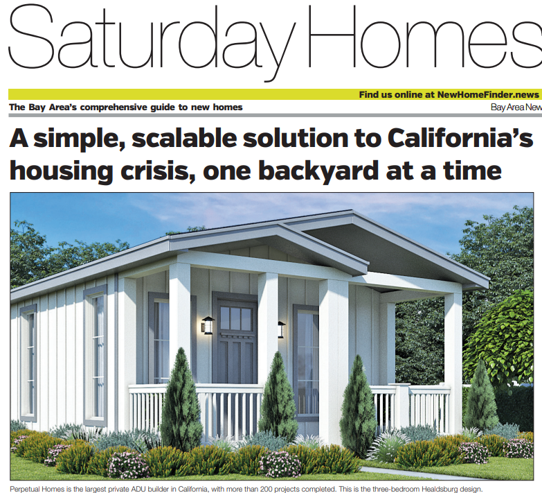 Advertisement for backyard homes to solve California's housing crisis. A white modern home with trees in front of it.