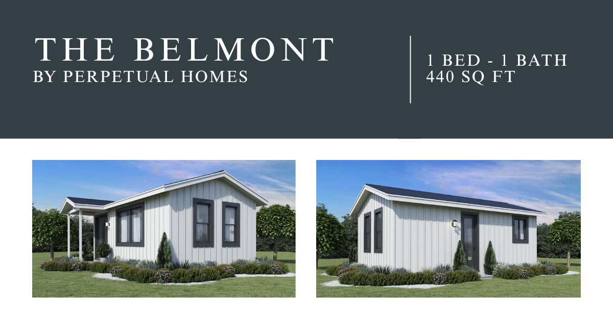 Perpetual Homes ADU: A small farmhouse with gray siding, white trim, and a small porch is surrounded by greenery.