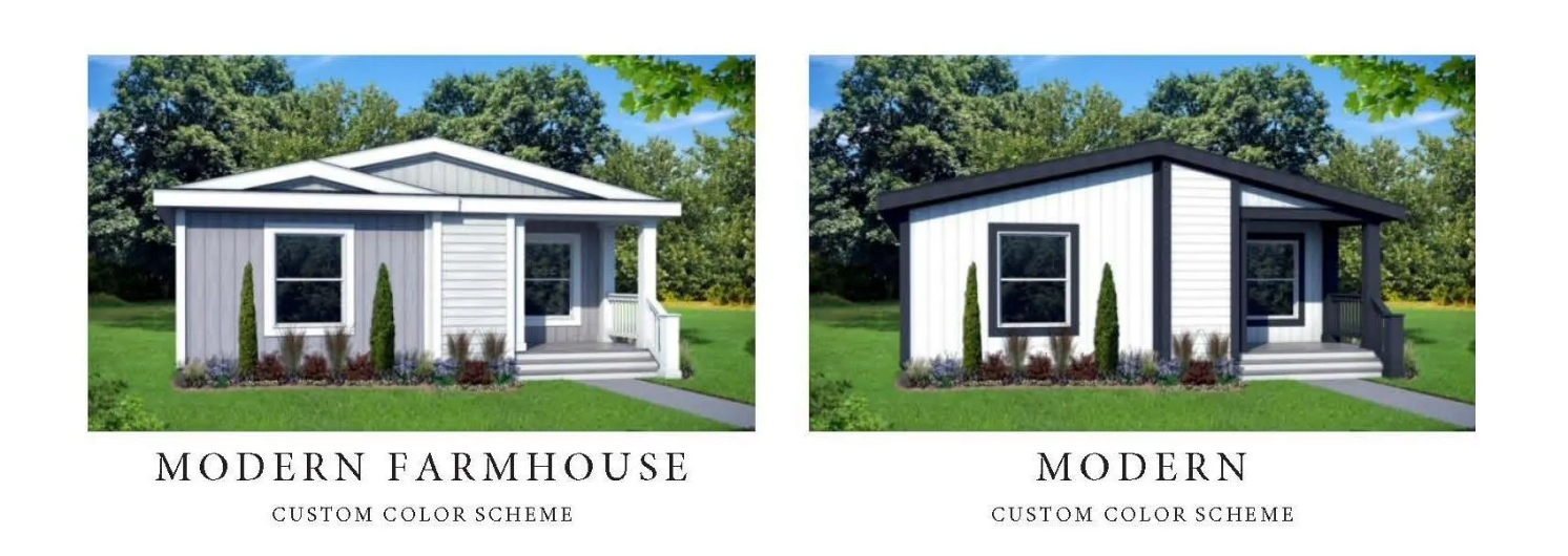 Perpetual Homes ADU: Two house designs: Modern Farmhouse in gray, and Modern in white, both with landscaping.