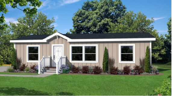 Perpetual Homes ADU: Ranch-style house with tan siding, black roof, white trim, and a small front porch on a green lawn.