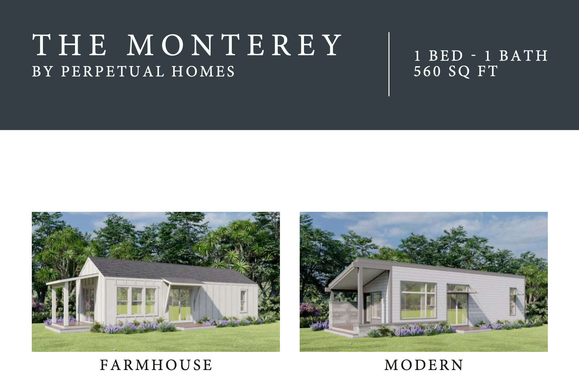 Perpetual Homes ADU: Two architectural renderings: farmhouse with porch and modern home, both in white, on a grassy plot.