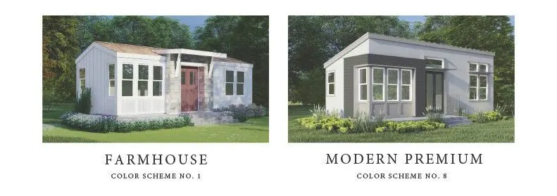 Perpetual Homes ADU: Two house renderings: Farmhouse with a red door and Modern Premium with dark trim.