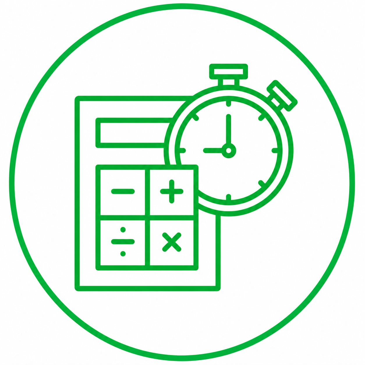 Green calculator and stopwatch icons inside a circle, suggesting time calculation or scheduling.