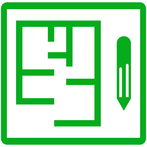 Green blueprint of a house plan with a pencil icon on a white square.
