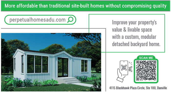 Perpetual Homes ADU Advertisement for a modular backyard home with a website address and a QR code.