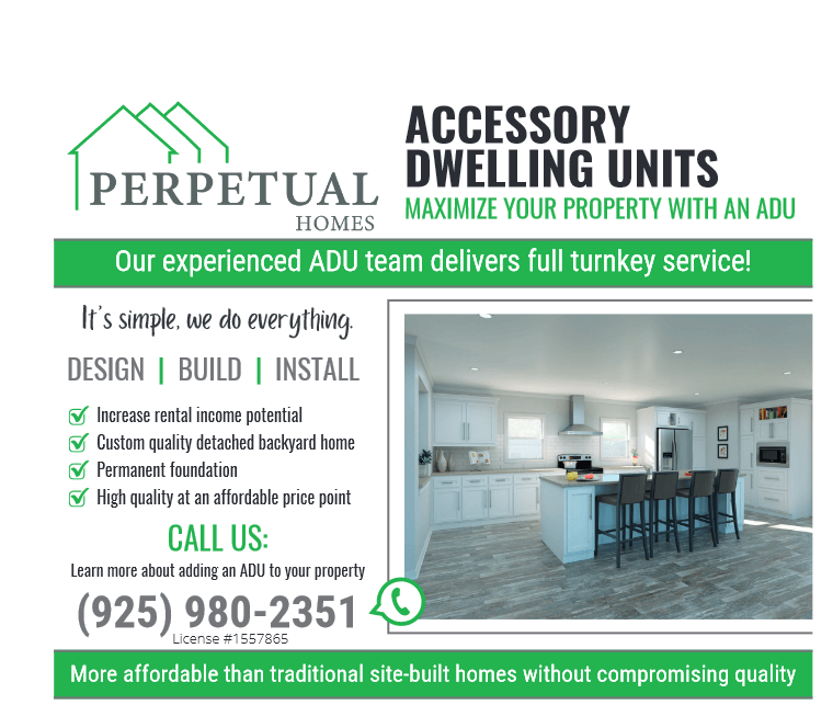 Perpetual Homes ADU: Advertisement for Accessory Dwelling Units (ADUs). Green and white text and a kitchen rendering.