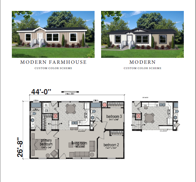 Perpetual Homes ADU: Floor plan and exterior renderings of a three-bedroom modern farmhouse-style house.