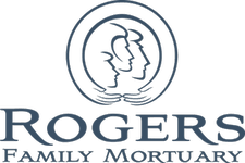 Logo for Rogers Family Mortuary featuring an icon of two cupped hands cradling three silhouettes, in dark blue on white.