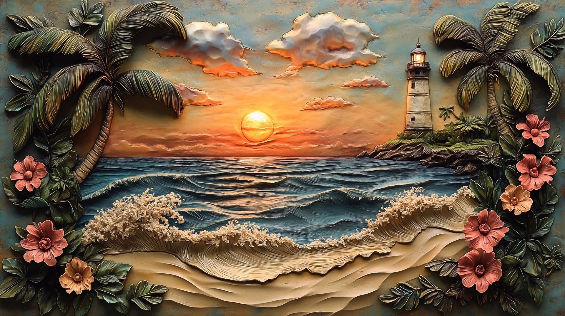 Sunset beach scene with waves, palm trees, flowers, and a lighthouse on the shore