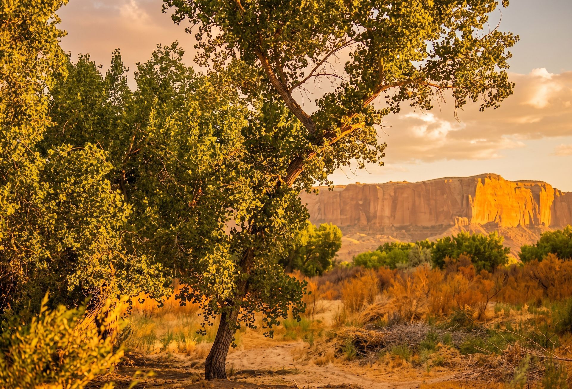 Sunlit desert landscape with a large tree, golden shrubs, and a red rock mesa at dusk