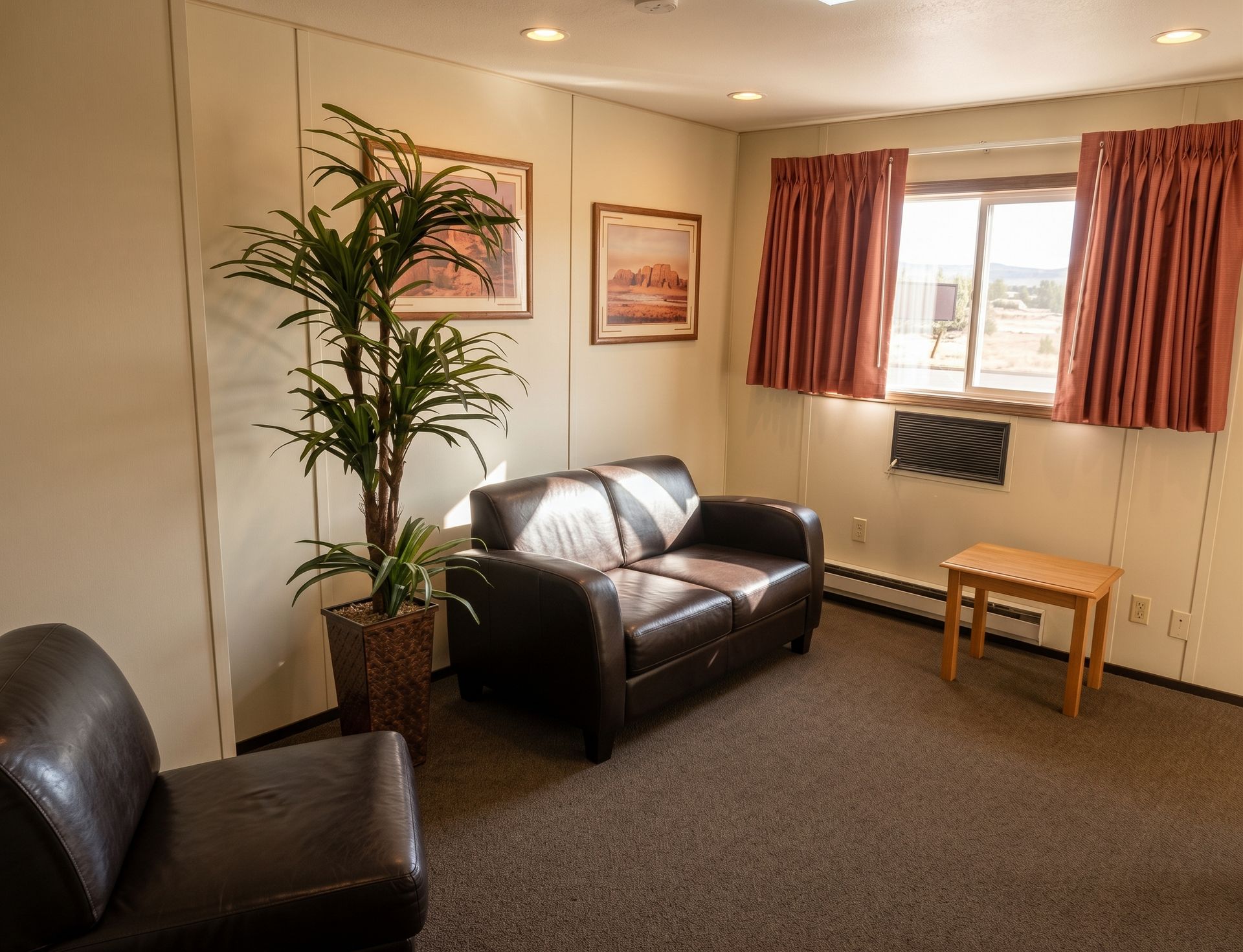 Small living room with leather chairs, sofa, potted plant, window, and wooden side table.