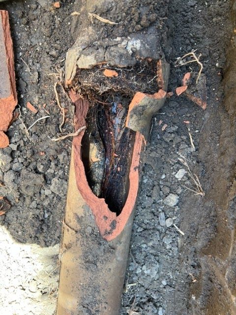 A pipe with a hole in it is laying in the dirt.