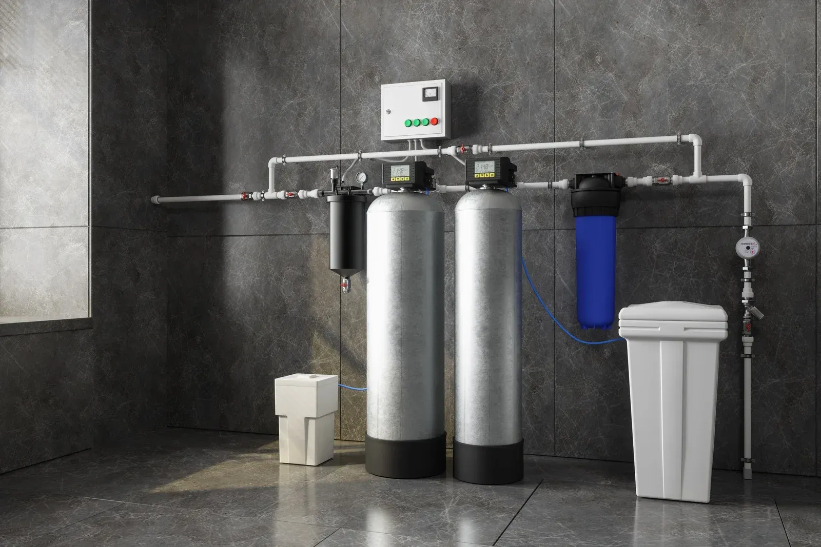 Two water filters are sitting next to each other in a room.