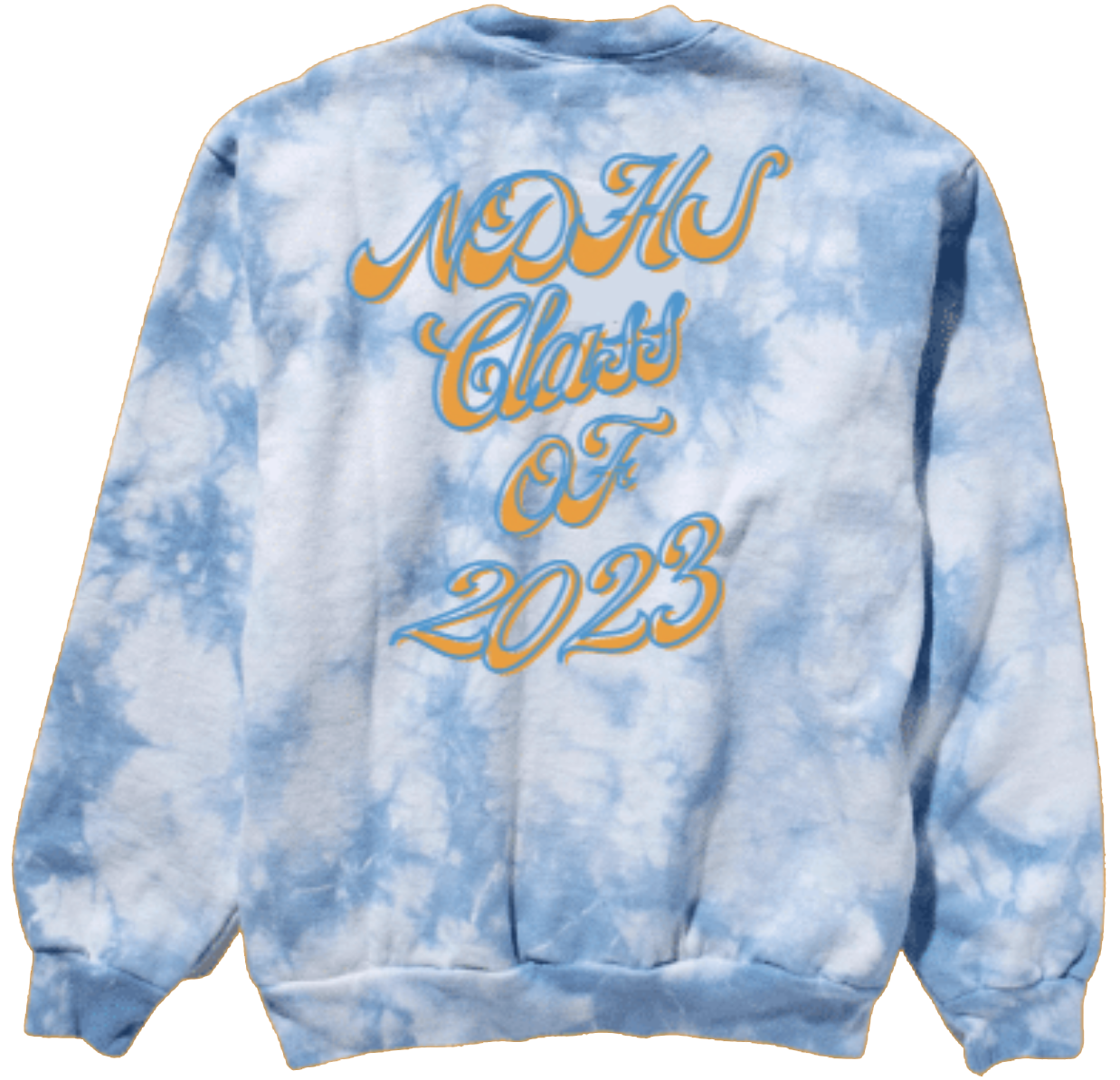 Tie dye sweatshirt designed for New Design High School's 2023 Seniors by members of the Youth Design Collective