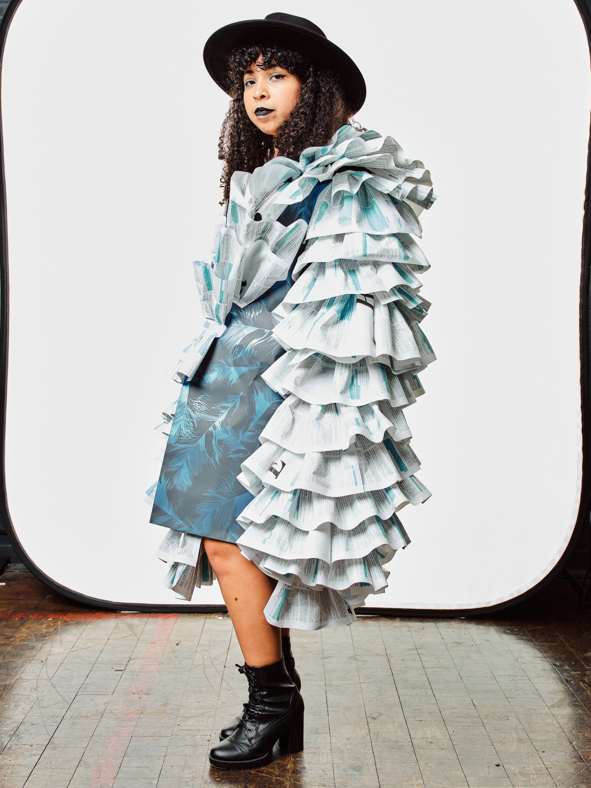 Model in hand-made garment at the 2022 Sustainable Fashion Show at New Design High School. Photo by Christian Rodriguez