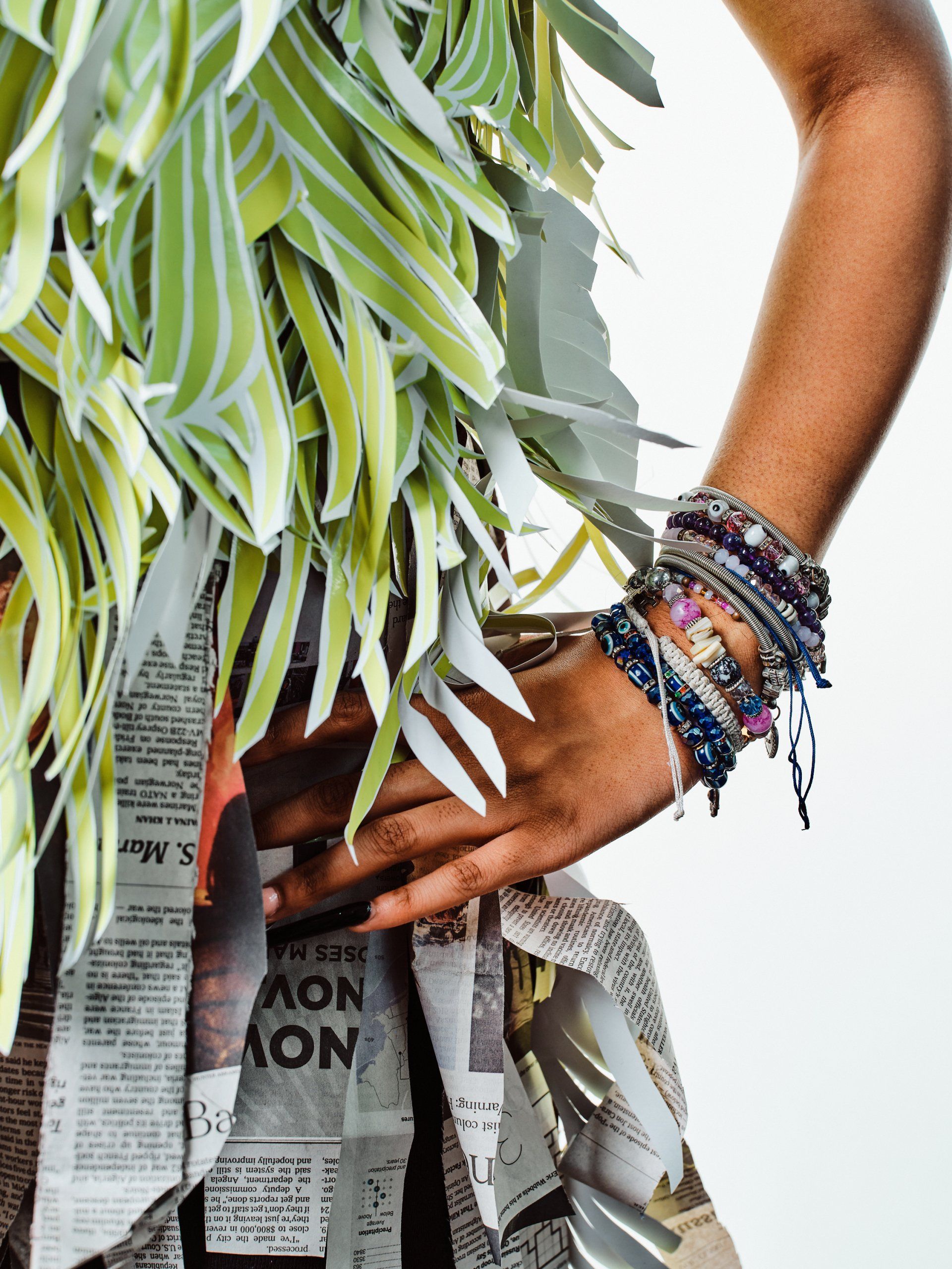 Model in hand-made garment at the 2022 Sustainable Fashion Show at New Design High School. Detail Shot. Photo by Christian Rodriguez