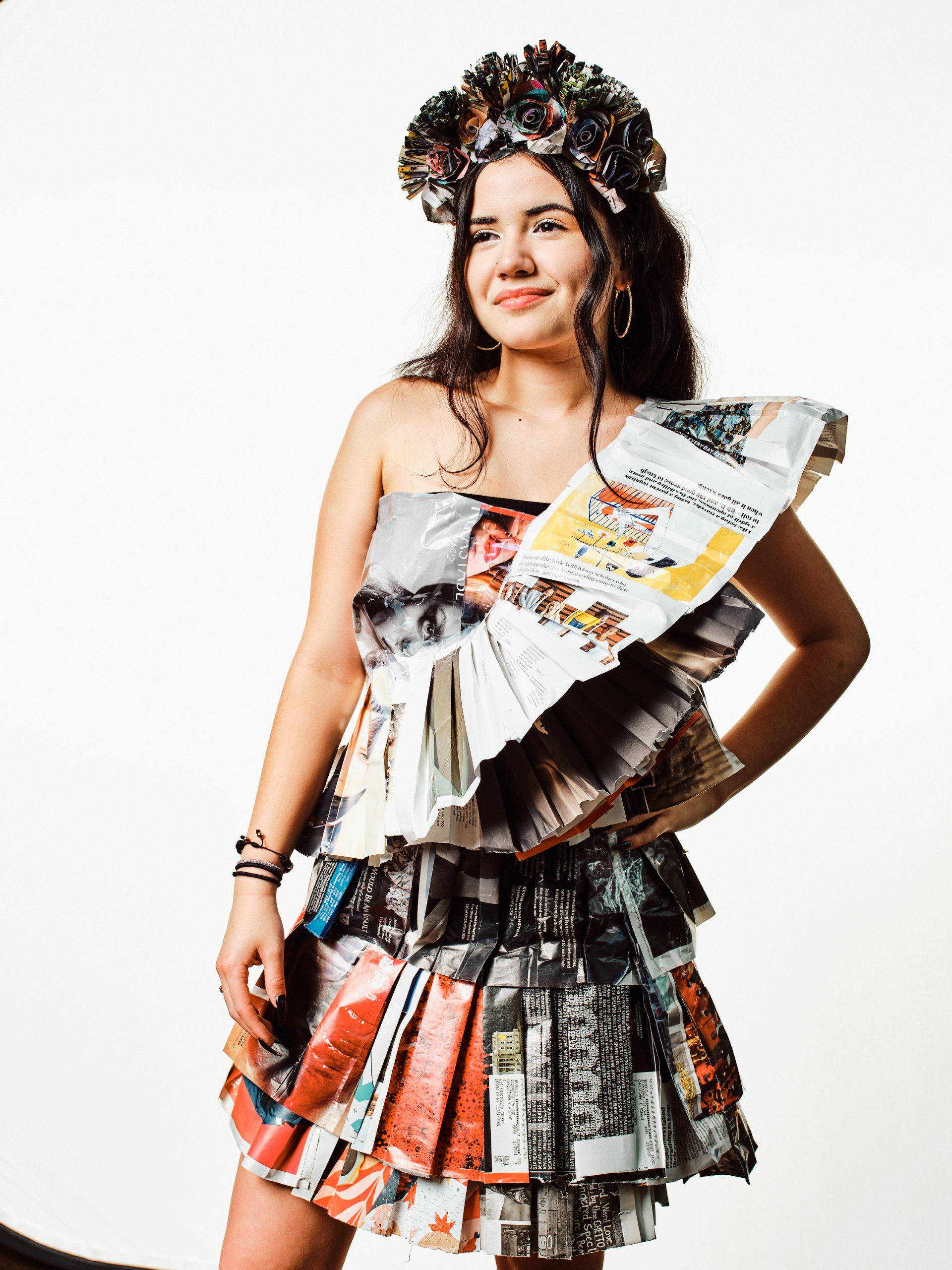 Model in hand-made garment at the 2022 Sustainable Fashion Show at New Design High School. Photo by Christian Rodriguez